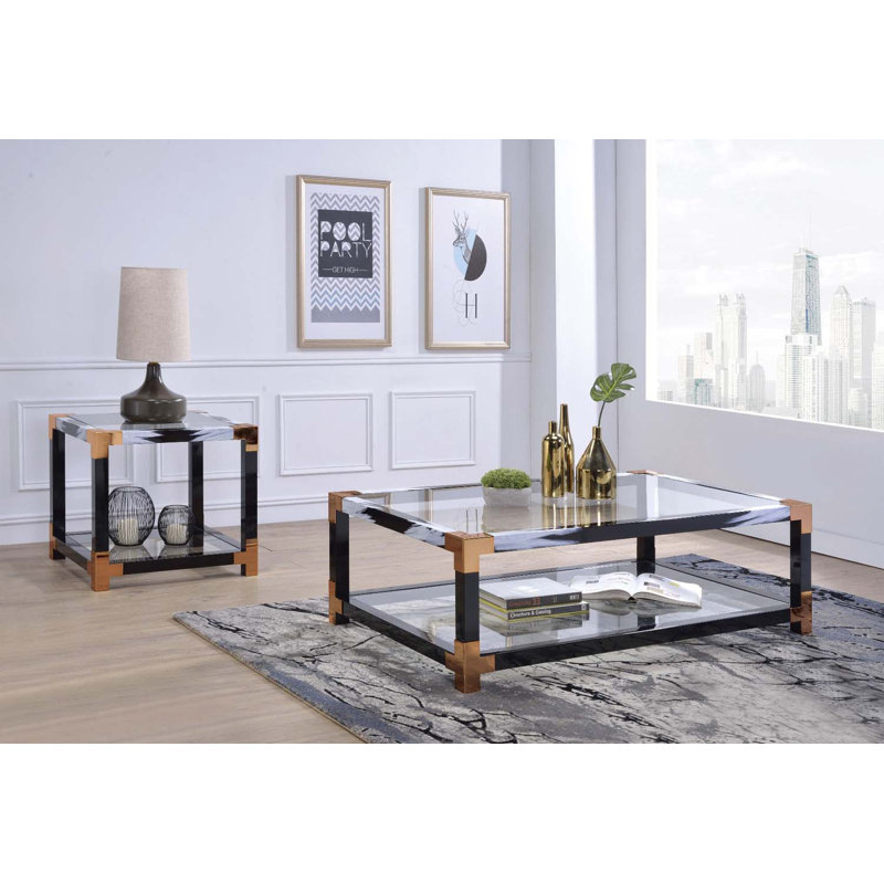 Table basse Lafty, verre transparent et finition blanche brossée