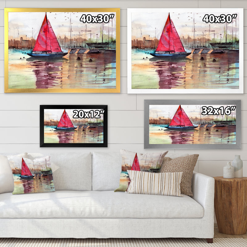 Un voilier dans une marina avec des bateaux et des bâtiments - reproduction sur toile, H 30 po x l 40 po, Encadrement doré