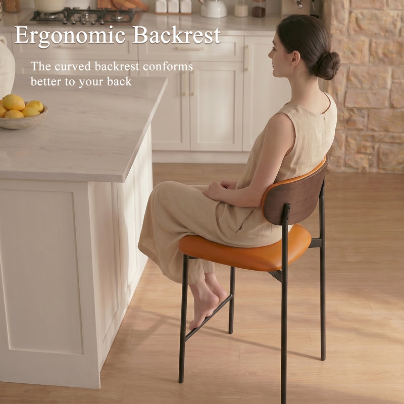 Modern Bar Stools Set of 2, 24 Inch Upholstered Faux Leather Counter Height Stools with Curved Backrest & Black Metal Legs, Wood Grain Back Bar Chairs for Kitchen Island