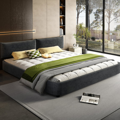 King Size Bed Frame, Chenille Upholstered, Dark Grey, Oversized Padded Headboard, No Box Spring, Metal + Pine Wood With Movable Solid And Legs