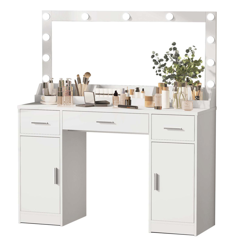 Meuble-lavabo de 47,2 po avec 3 tiroirs, grand miroir et 3 lumières DEL réglables, Blanc