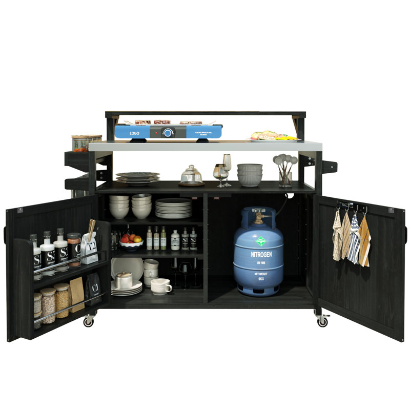 53.3" Outdoor Kitchen Island With Raised Shelf, Black