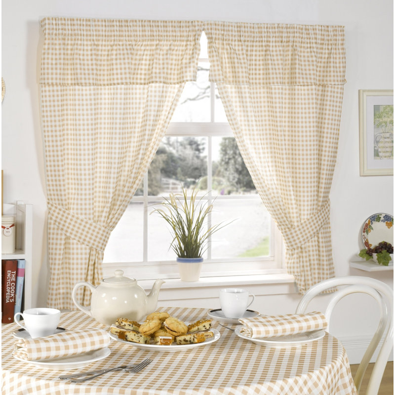 Molly Gingham Ruffled Kitchen Curtain, Beige, Width 116 x Drop 107 cm