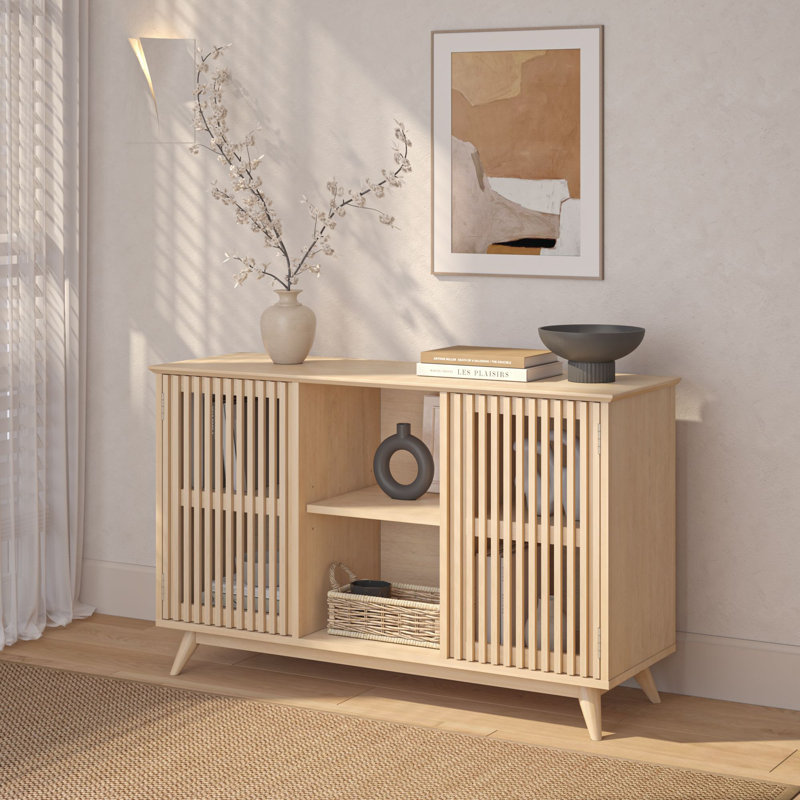 Meuble télé moderne en bois massif Mid-Century, 2 portes avec tablette centrale, Blond