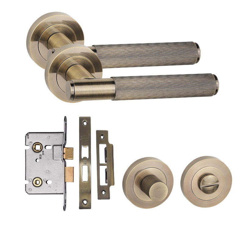  Straight T-Bar Linear Bathroom Door Handle Set Thumbturn and Mortise Lock Antique Brass