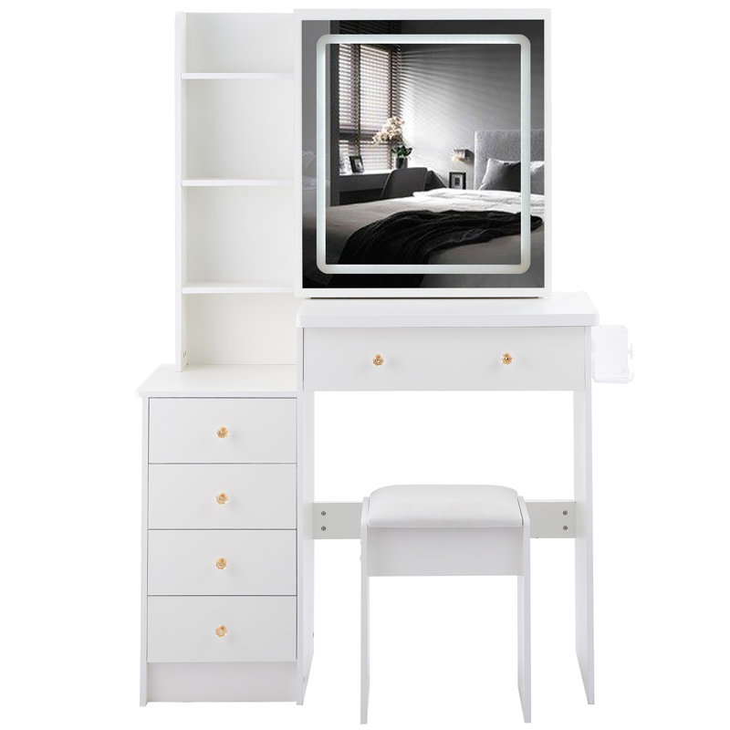 Ensemble de meuble-lavabo de 37 po de taille moyenne avec commode gauche + commode tabouret, 2 prises CA + 2 prises USB, support pour séchoir à cheveux, grand miroir à DEL tactile, interrupteur 3 couleurs, EPA, GCC, certificat UL