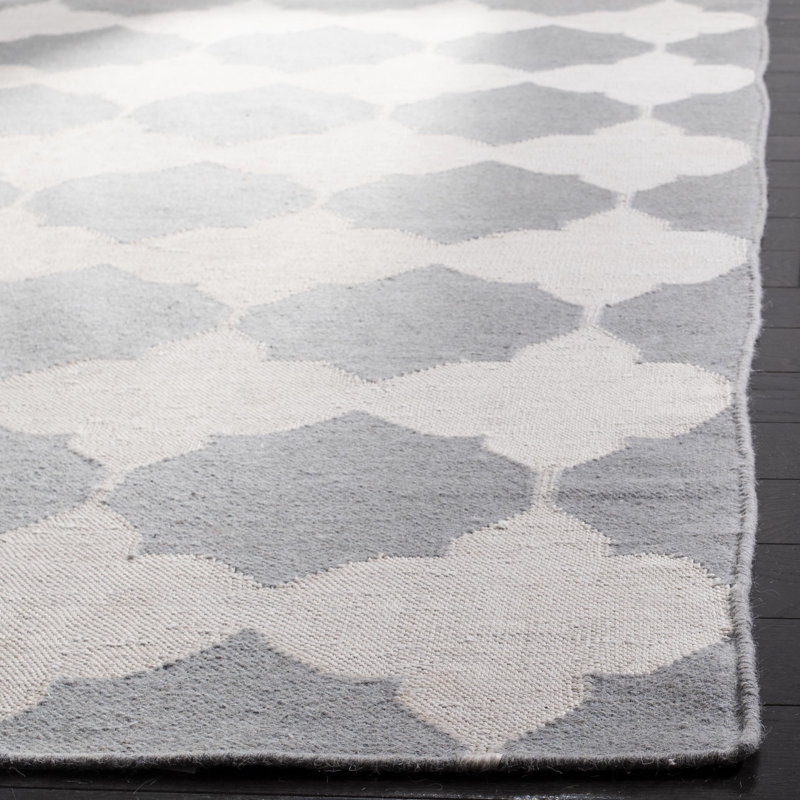 Dhurries Hand Woven Flat Weave Banana Silk/Wool/Cotton Geometric Rug in Grey/Ivory, Rectangle 3' x 5'