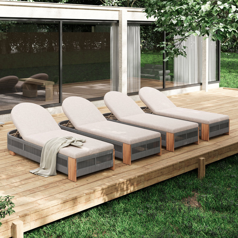 Outdoor  Acacia Wood Patio Adjustable Lounge Chair Set Of 4- Uncushioned For Backyard Pool Garden-Grey Rope & Natural Iron