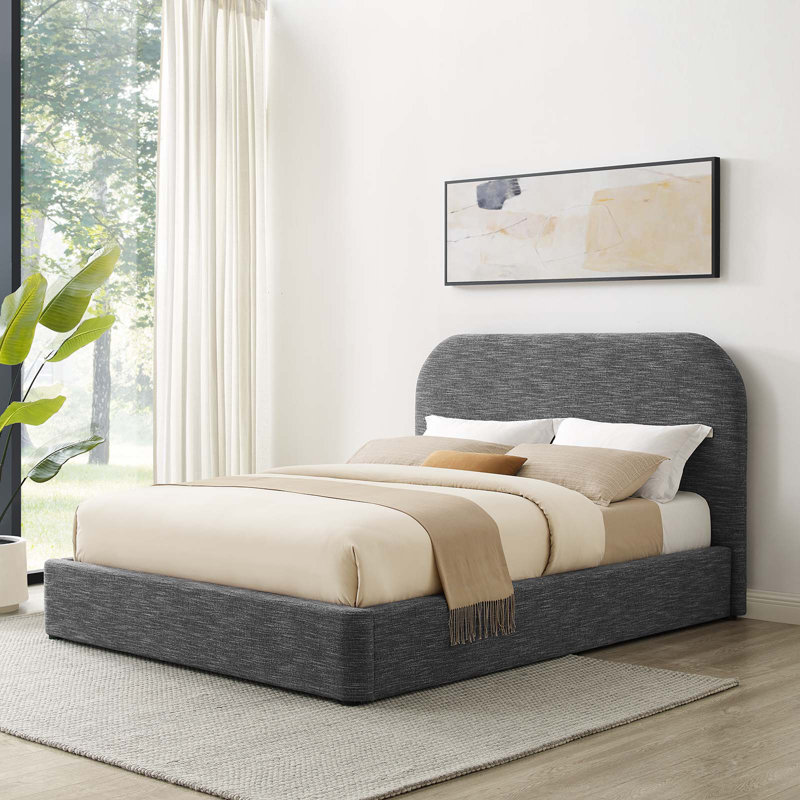 Keynote Upholstered Fabric Curved Platform Bed, Heathered Weave Slate, King