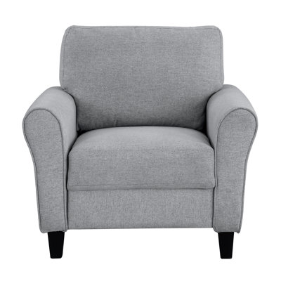 Chaise moderne en tissu texturé gris foncé avec base en contreplaqué et coussin de siège à accoudoirs arrondis