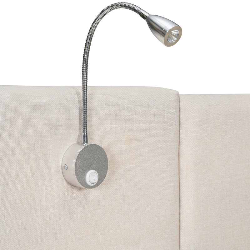 Lit tapissier grand avec lumières de lecture, tiroirs de rangement latéraux et à plateforme, revêtement en lin, Beige