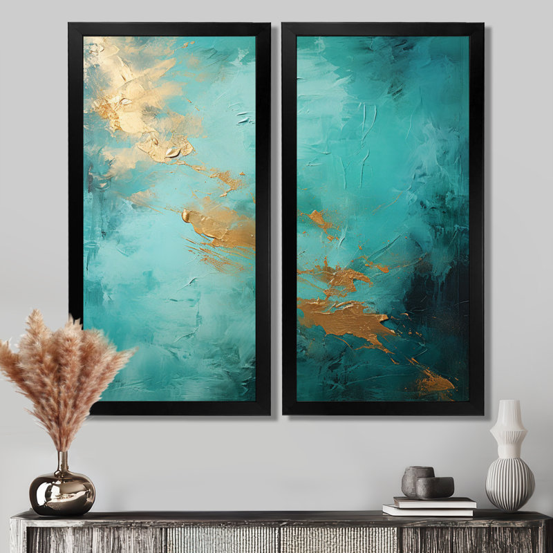 «Turquoise Tranquility - Abstract Landscape Wall Art», ensemble de 2 impressions sur toile bleu sarcelle, H 36 po x l 48 po