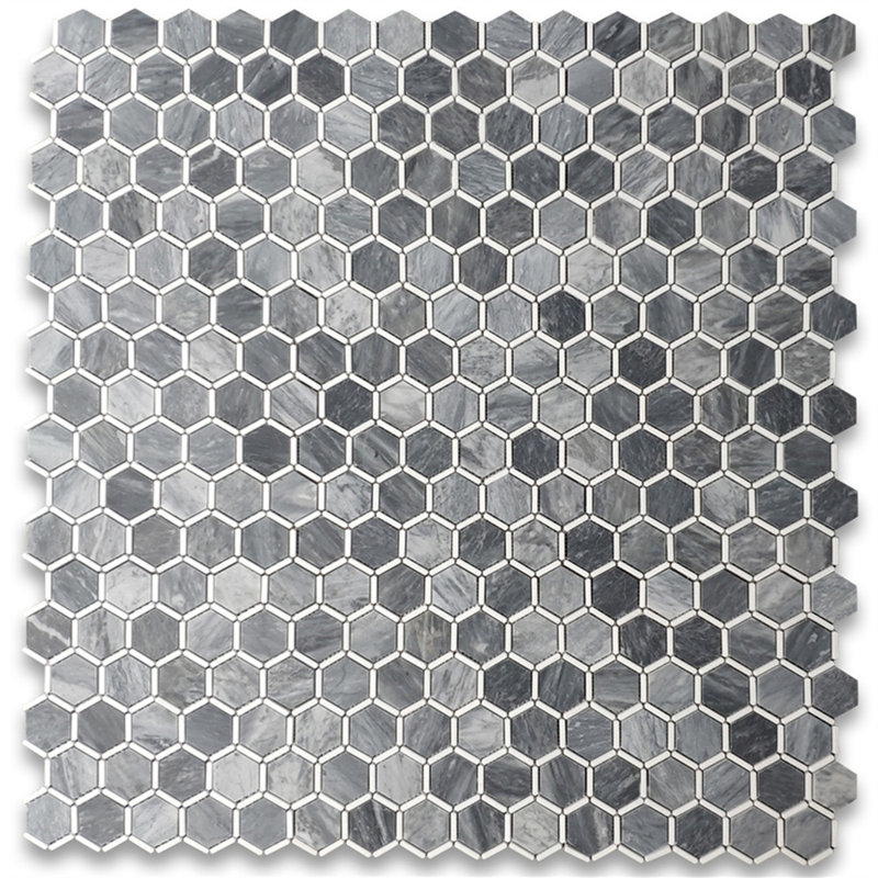 Bardiglio Grey Marble 2 Inch Hexagon Mosaic Tile W/ Thassos White Strips, Honed