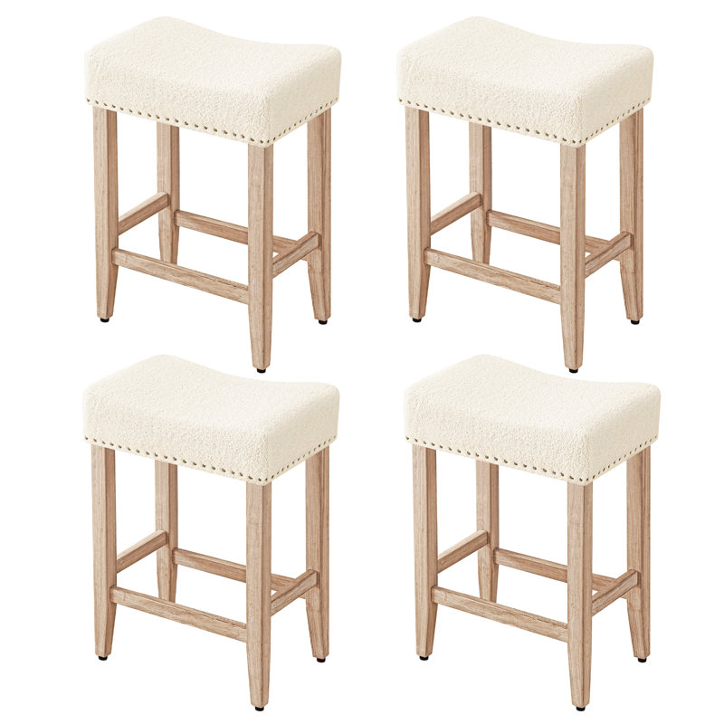 Backless Saddle Upholstered 26" Counter Stool with Wood Frame, White, Beige
