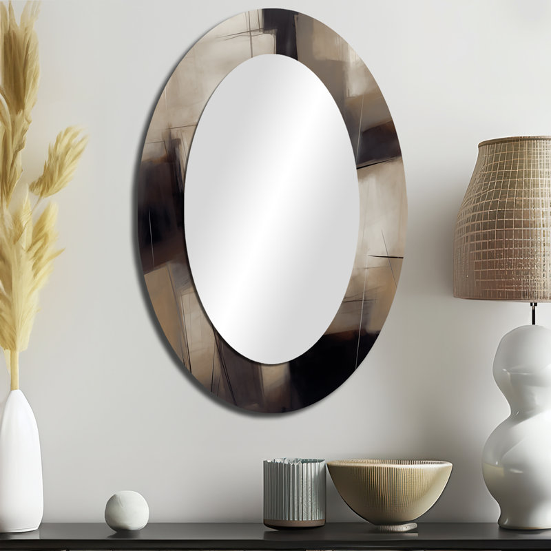 Painting Of Abstract Shapes IV - Large Oval Wall Mirror On Metal, 36" x 24"