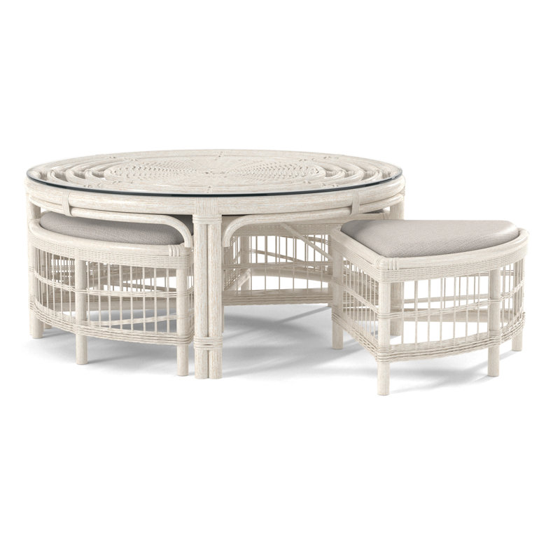 Raffles Rattan Cocktail Table with Benches, Antique Frost White, Blue Buffalo Check; 0120-61