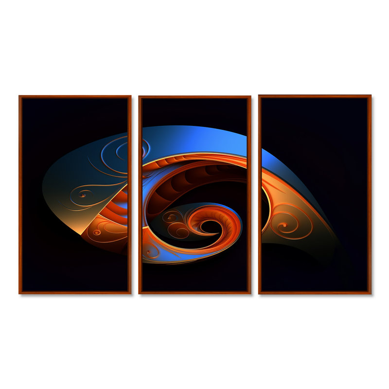Délicat spirale subtile bleu orange - ensemble d'art mural géométrique, Cadre flottant brun, H 40 po x l 60 po x P 1 po