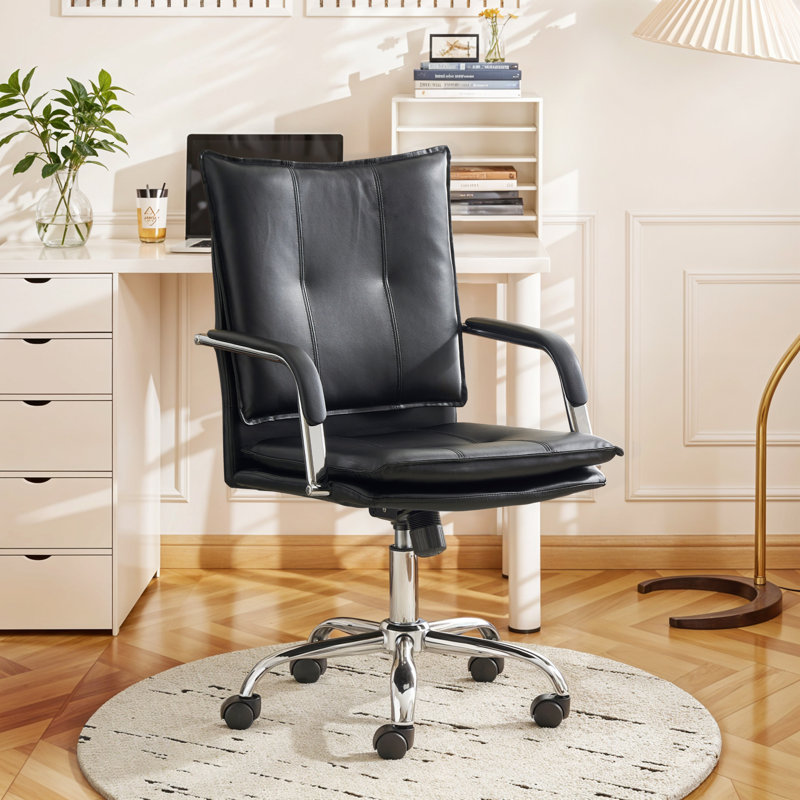 Chaise de bureau de luxe en similicuir noir avec accoudoirs rembourrés de 23,2 po Abba, Noir