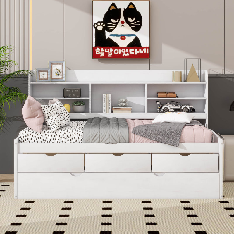 Wooden Captain Bed With Built-In Bookshelves,Three Storage Drawers And Trundle, Twin, White