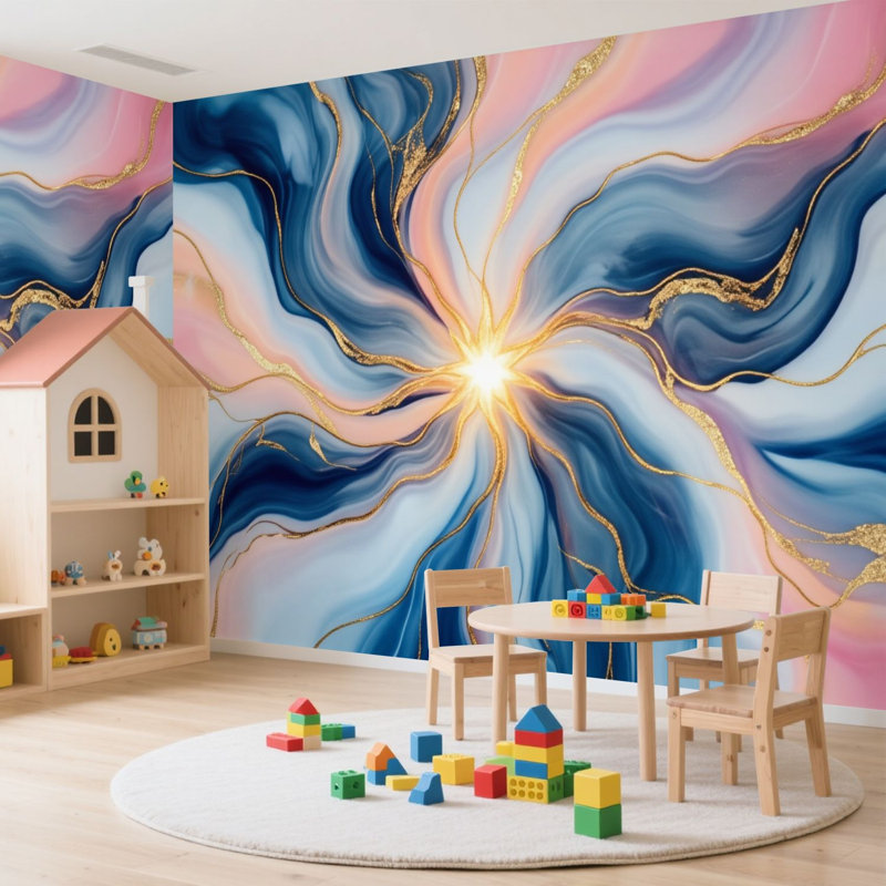 Papier peint adhésif auto-adhésif moderne pour la chambre à coucher avec des taches abstraites bleues et dorées L 144 po x l 100 po Peel and Stick