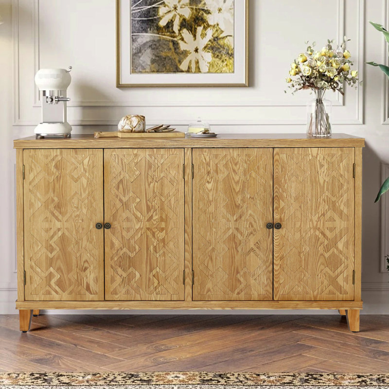 Armoire d'appoint 59 po en bois naturel, 4 portes, finition brune, optimisation du rangement de la salle à manger