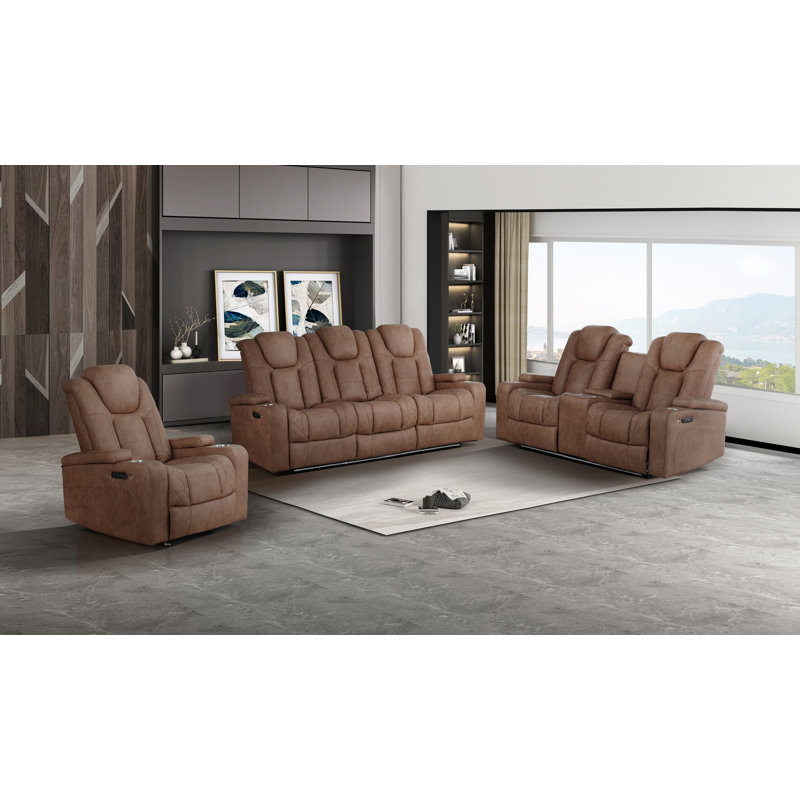 Ensemble 3 pièces: canapé inclinable électrique avec table rabattable, causeuse console et fauteuil inclinable coulissant, brun clair