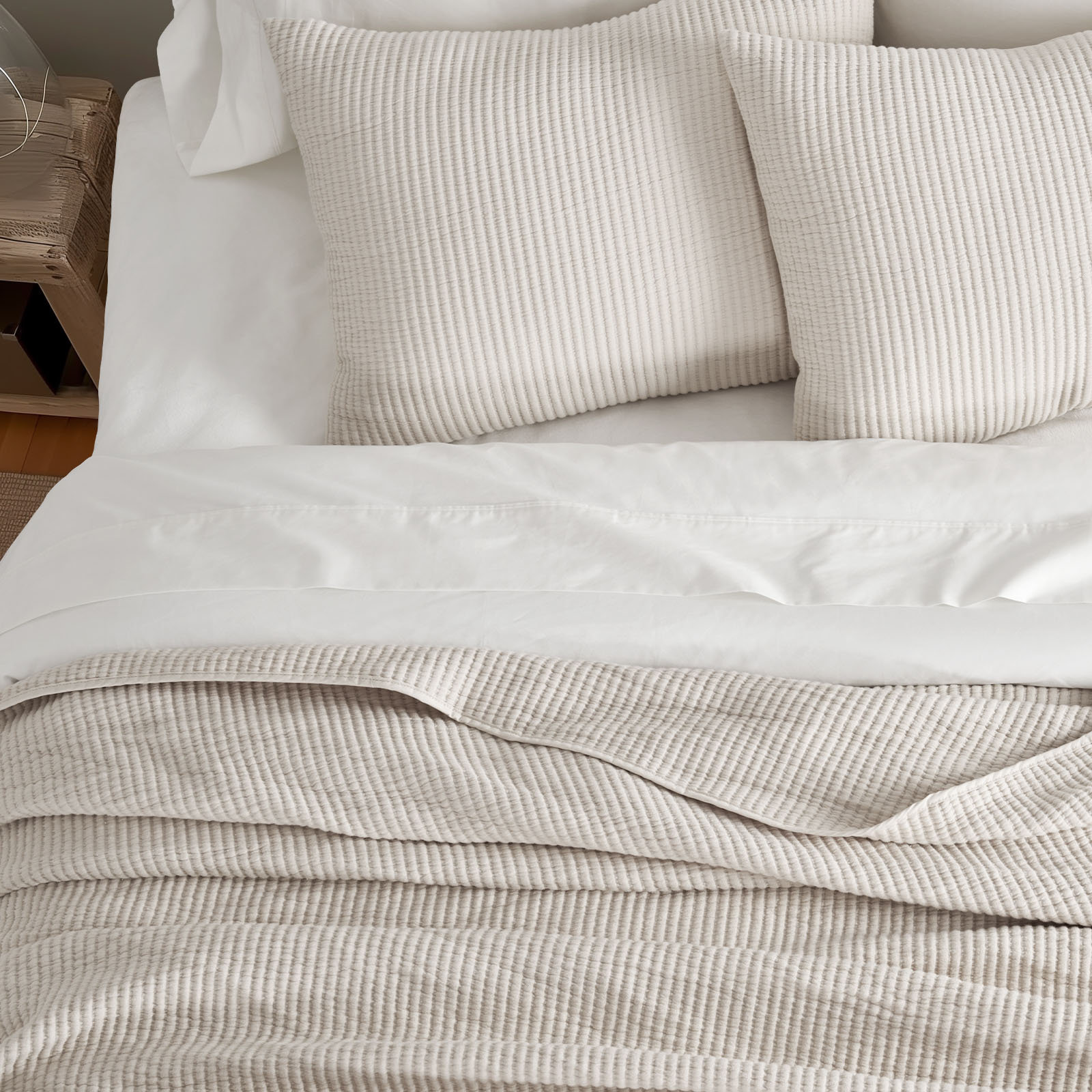 Ribbed Cotton Coverlet Set, Oversized King Quilt + 2 Shams, Birch