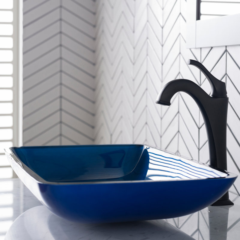 Lavabo de salle de bain vasque rectangulaire en verre avec robinet, Noir mat, Bleu