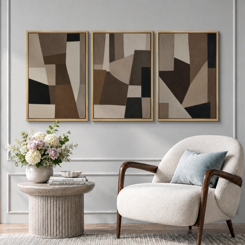 Œuvre d'art abstrait géométrique beige chaleureux, cubiste moderne de style Mid-Century pour photos de bureau, impression sur toile encadrée, 3 pièces