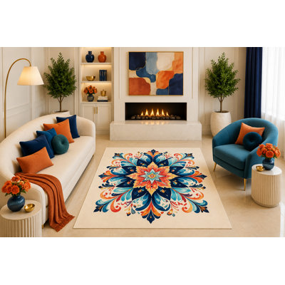Tapis ultra-léger 152 x 213 cm (5 pi x 7 pi) bleu marine et orange, motif floral bohème mandala, médaillon coloré, idéal pour le salon, la chambre ou la décoration intérieure. Dos en silicone antidérapant, poils courts.