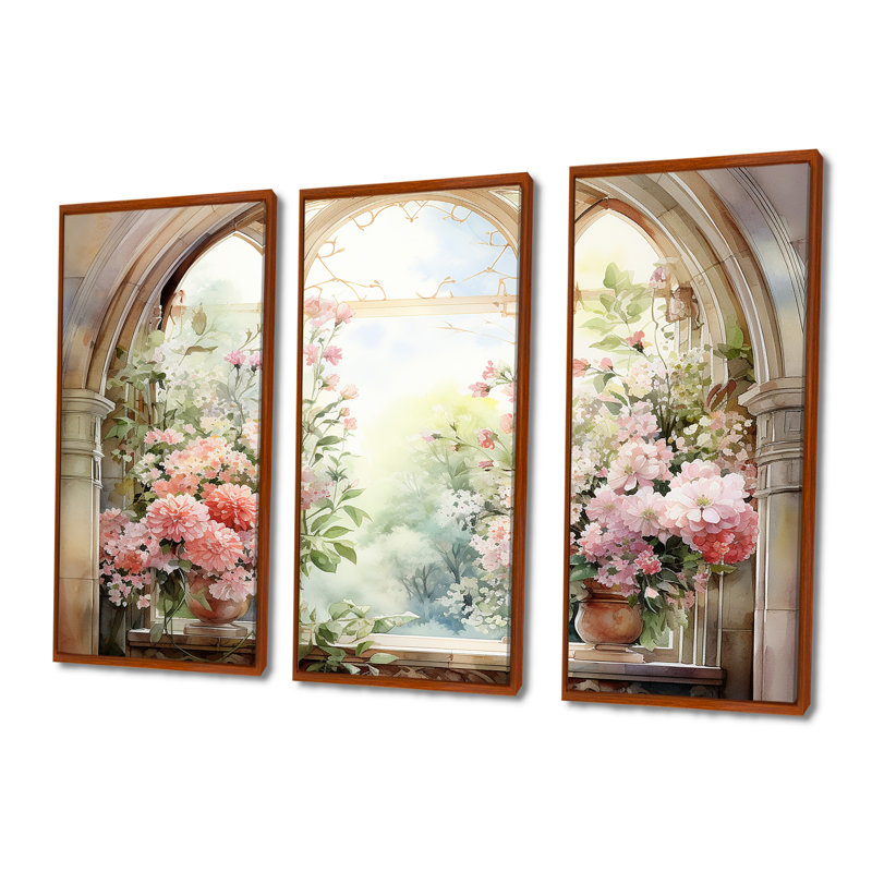 «Pink Blossoming Country Window Gaze V», art mural floral, H 32 po x l 48 po x P 1 po, Cadre flottant brun