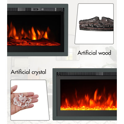 Electric Fireplace Insert Wall Mounted Freestanding Heater Metal Panel With Crystal & Log