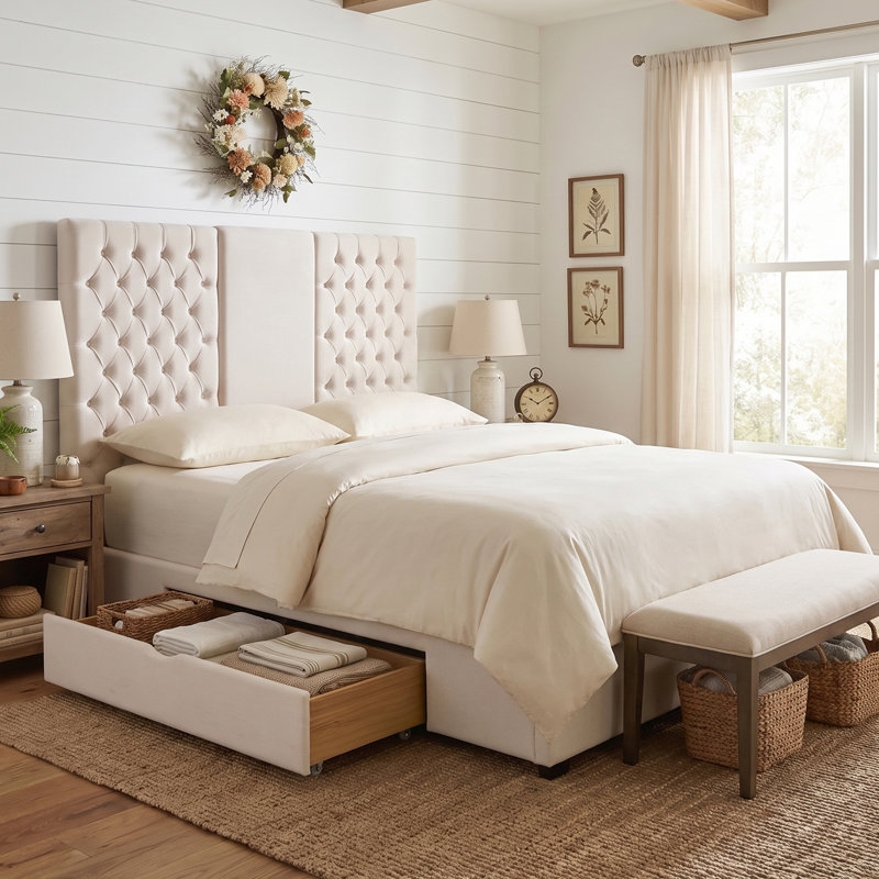 Contemporary Glam Extra-Tall Tufted Velvet Upholstered Platform Bed with Storage Drawers, King, Cream , King, Cream