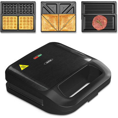 3 in 1 Electric Sandwich Maker with Removable Nonstick Plates - 750W, Black for Belgian Waffle/Panini/Grill/Pancake Griddle/Breakfast, Dishwasher Safe, Cool Touch Handle, Easy to Clean & Store