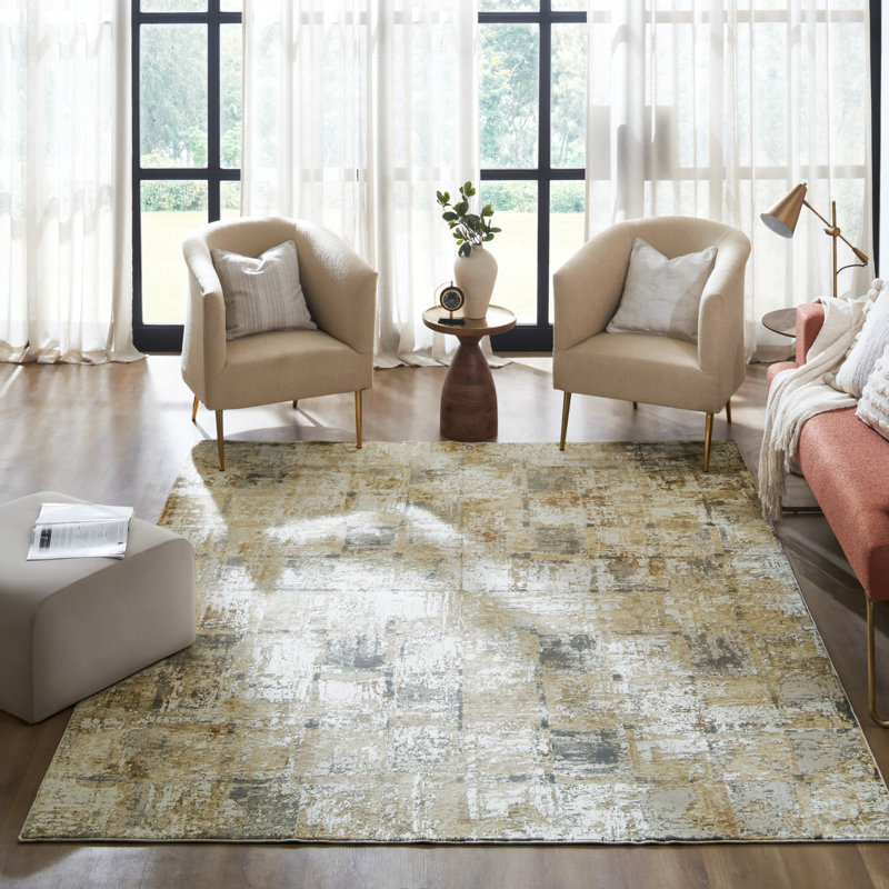 Wallburg Gold Charcoal Grid Abstract Area Rug, Rectangle 7'6" x 9'6"