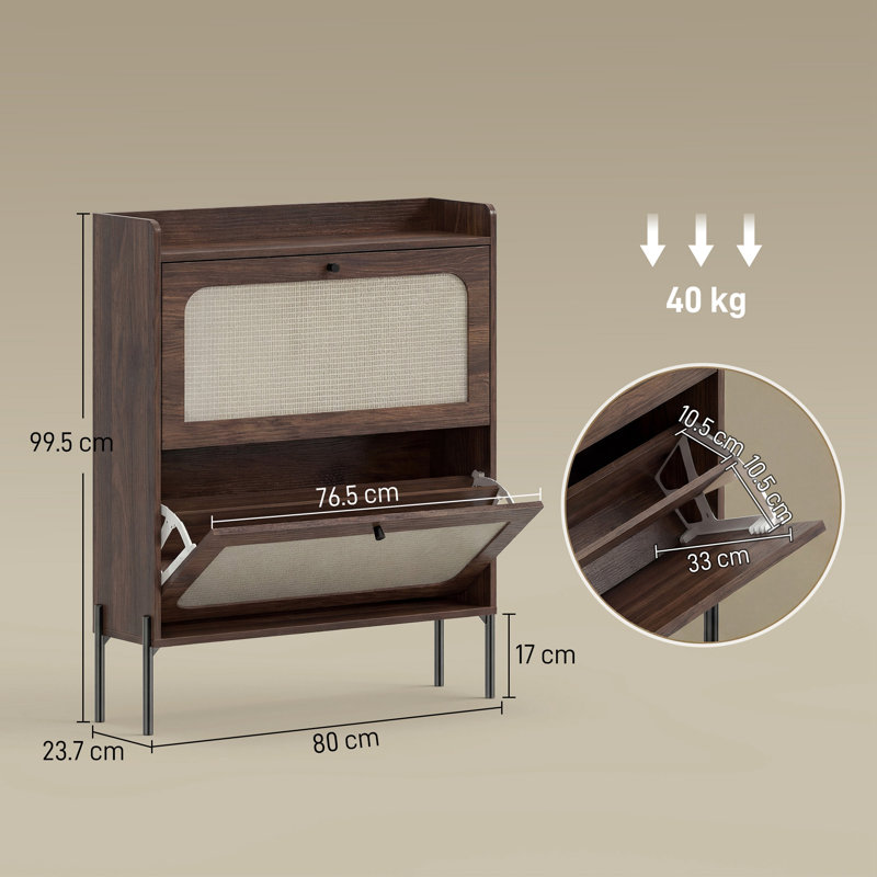 16 Pair Shoe Storage Cabinet, Dark Brown Wood