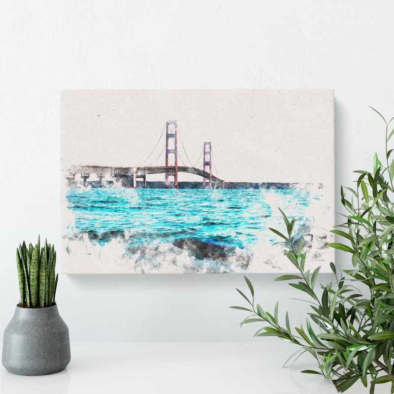 Mackinac Bridge in Michigan Watercolour - Wrapped Canvas, 50cm H x 76cm W x 3cm D