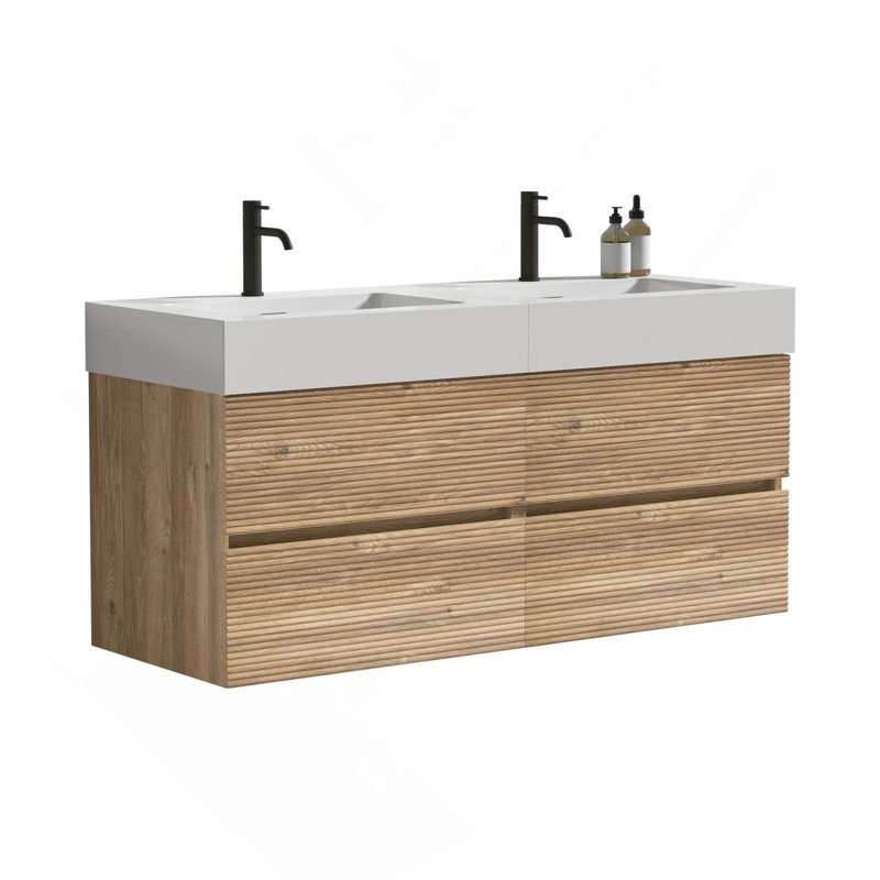 Meuble-lavabo mural 48 po (24 po * 2) avec lavabo à quartz et tiroirs, KD, Chêne, 48", Blanc