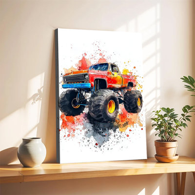 Watercolor Monster Truck Large Gallery Wrapped Canvas Wall Art Print For Living Room Bedroom