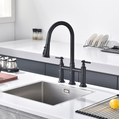 Sumerain Kitchen Sink Faucet, 2 Handle Deck Mount Bridge Pull-out Kitchen Faucet, SWF6119PQ-XX
