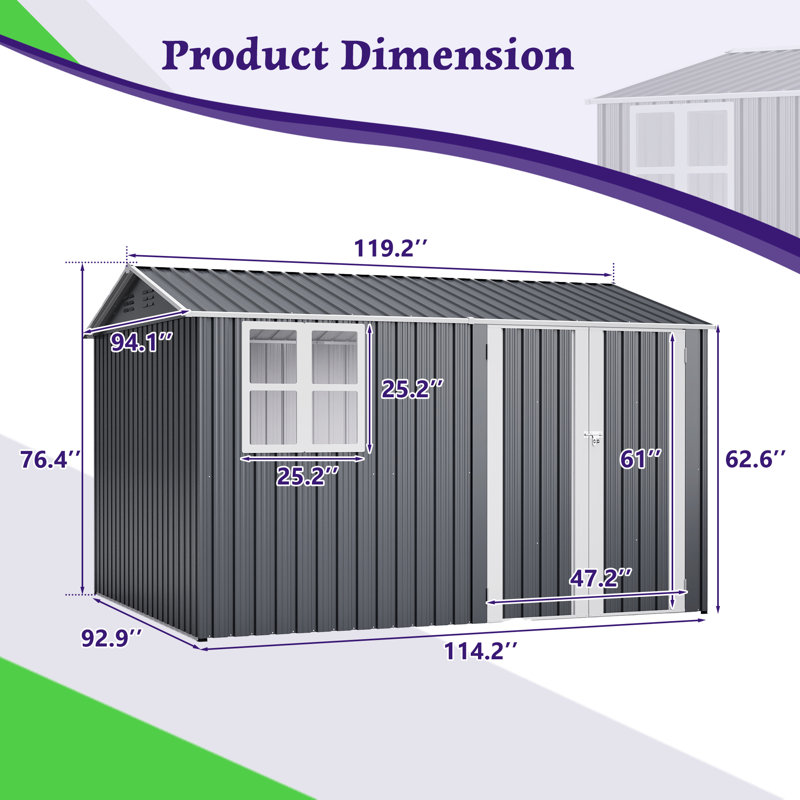 10 FT x 8 FT Rectangular Metal Storage Shed with Window & Floor Frame, Gray