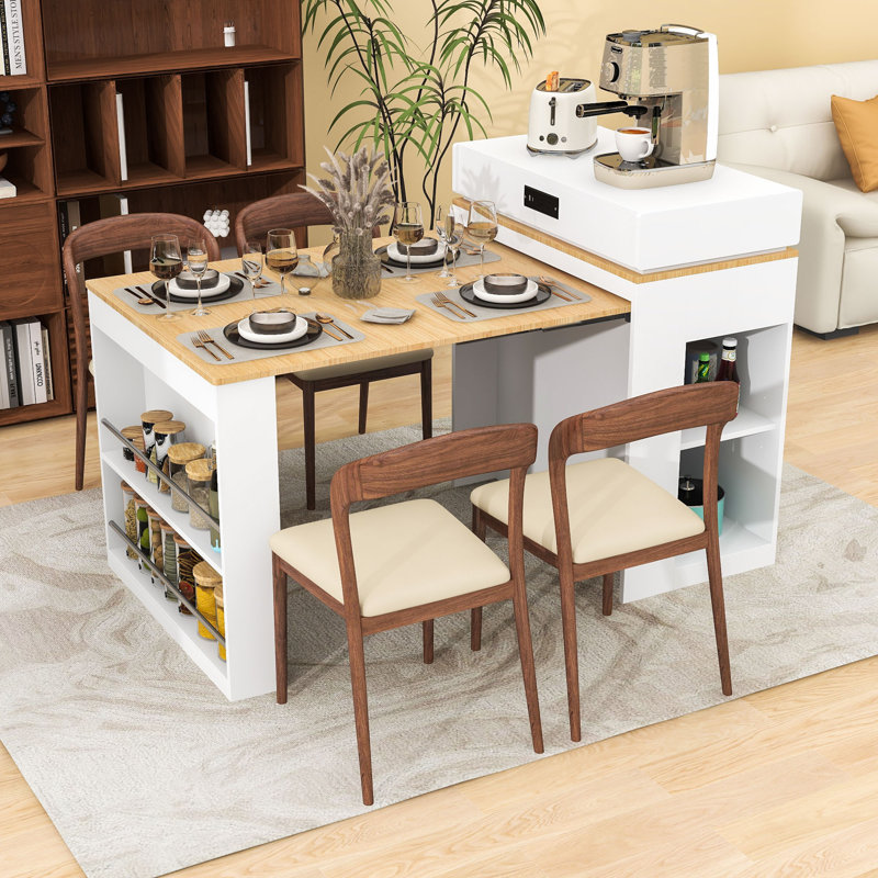 Multi-Functional Extendable Kitchen Island with Wheels, Hidden Storage and Built-In Charging Station, Creamy White