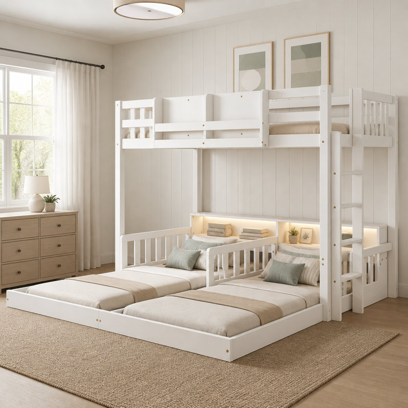 Triple Bunk Bed with Storage Shelves, Blanc