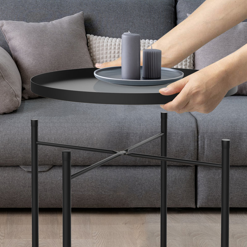 Round Black Metal End Table with Removable Tray