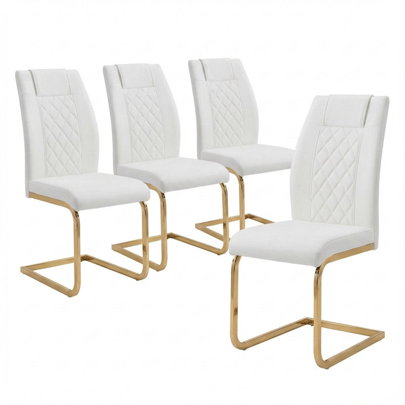 Ensemble de 4 chaises de salle à manger à haut dossier en cuir synthétique avec pieds dorés pour salle à manger et cuisine (blanc)