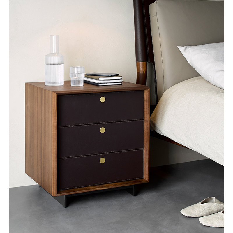 Table de chevet en noyer de style minimaliste avec tiroirs en cuir pour chambre