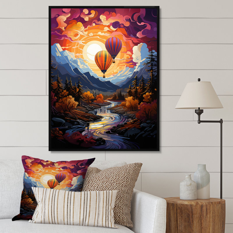 Impression sur toile «Orange Hot Air Ballon Collage II», H 40 po x l 30 po x P 1,5 po, Cadre flottant noir