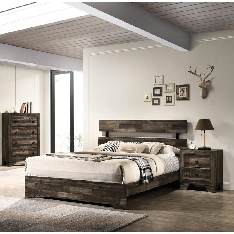 Contemporary King Bed With Rustic Style And Low - Profile Slat Headboard, Brown Wood, In One Box, Stable Structure Box, King
