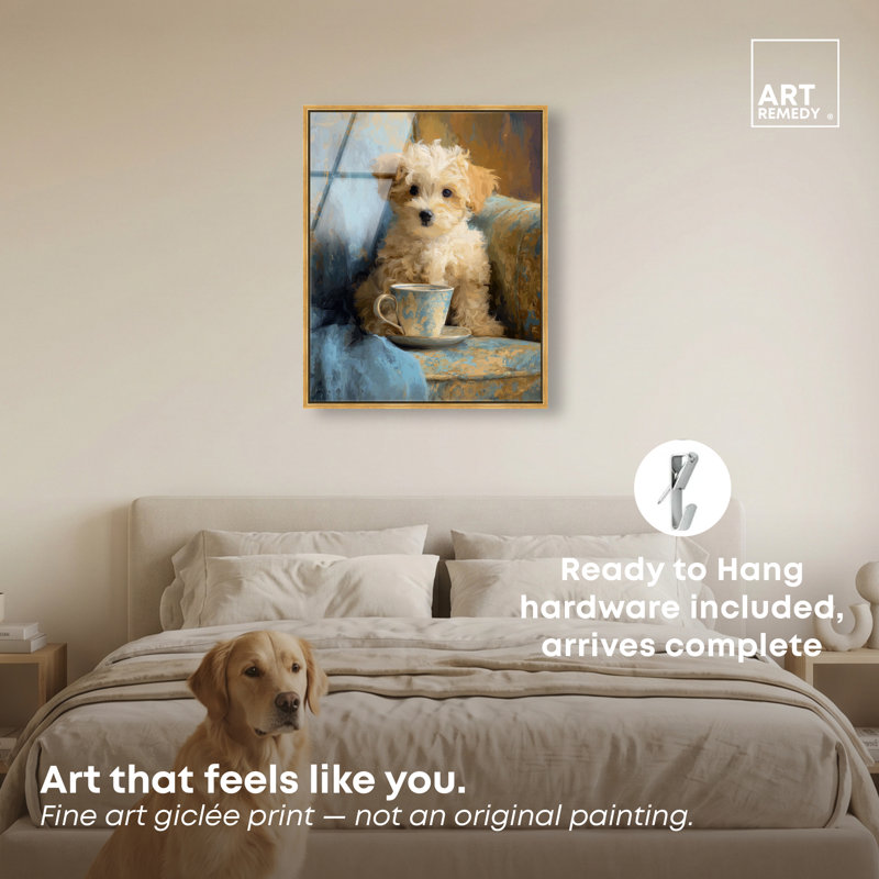 "Coffee Pup II", impression sur toile encadrée par Art Remedy, cadre doré, 24 x 30, 25"H x 31"W, Gold Frame