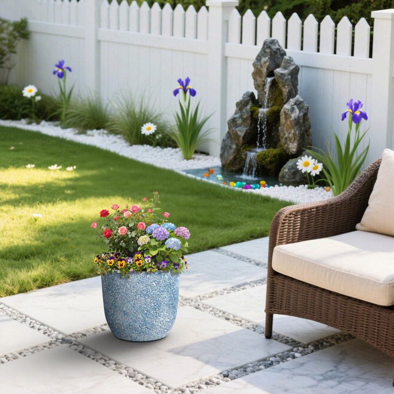 Pot à fleurs / pot rond en béton avec trous de drainage pour intérieur et extérieur bleu clair 14 po 14 po, Bleu clair